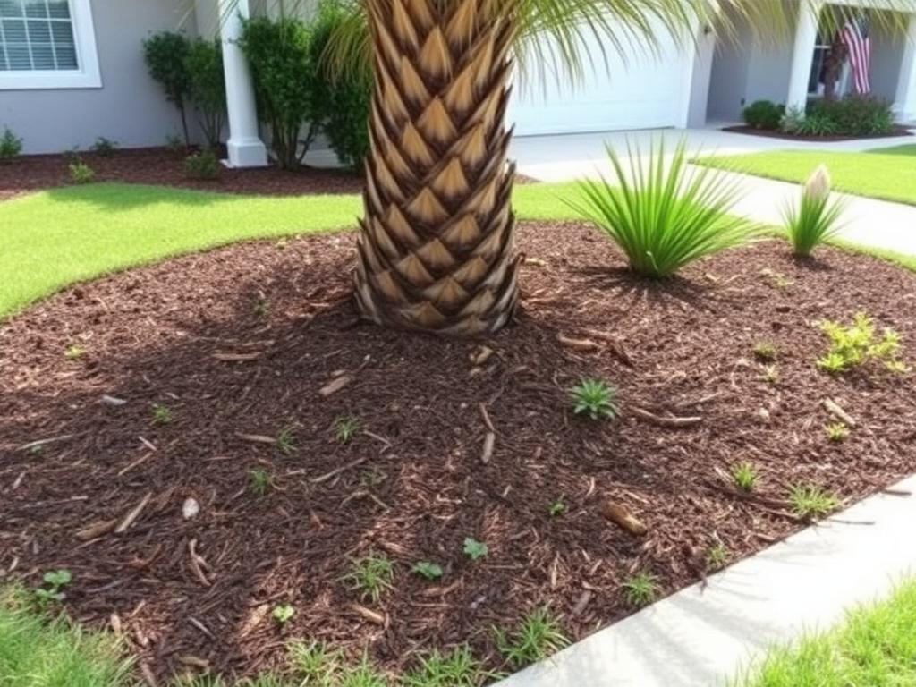 Uneven mulch bed with weeds